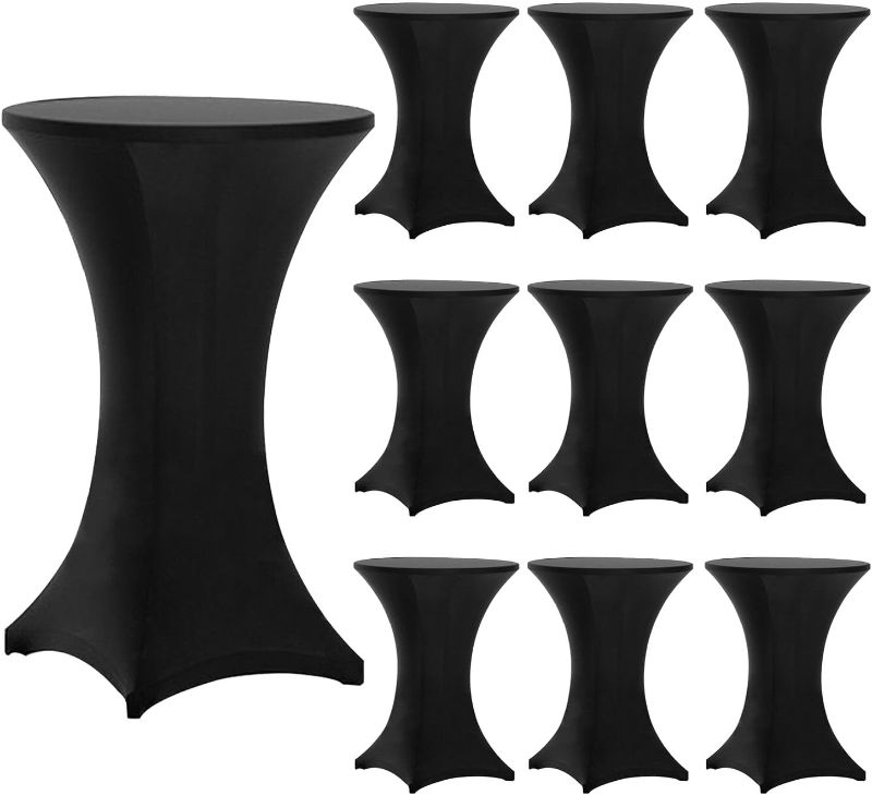 Photo 1 of 10 Packs Round Cocktail Table Skirt 32"x 43" Black Spandex Stretch Cocktail Table Skirt Cocktail Tablecloth with Wavy Drapes, Spandex Fitted High Top Table Covers for Wedding Bar Banquet Party