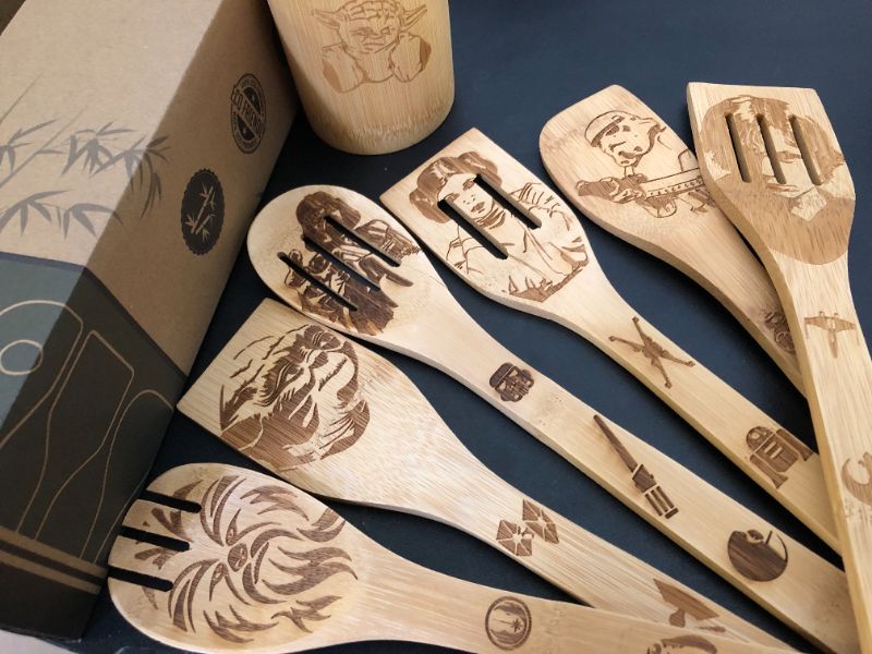 Photo 2 of Yempum Wooden Spoons for Cooking 7-Piece Set, Star Cooking Kitchen Utensil Set with Holder, Sci-Fi Pattern Merchandise Laser Engraved Bamboo Spoons, Sci-Fi Movie Gifts, Galactic Party Decor