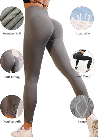 Photo 1 of 1pc--small--UONNOU Women Workout Seamless Knit Leggings Tummy Control Athletic Running Gym Fitness Sport Active Yoga Pants Elastic Tights,Grey,S