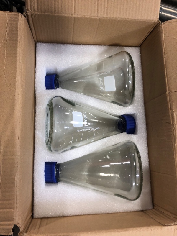 Photo 2 of 1000 ml Glass Erlenmeyer Flask with Lid Conical Experiment Bottle Measuring Liquid Sample Bottle for Scientific Laboratory Equipment (3pack)