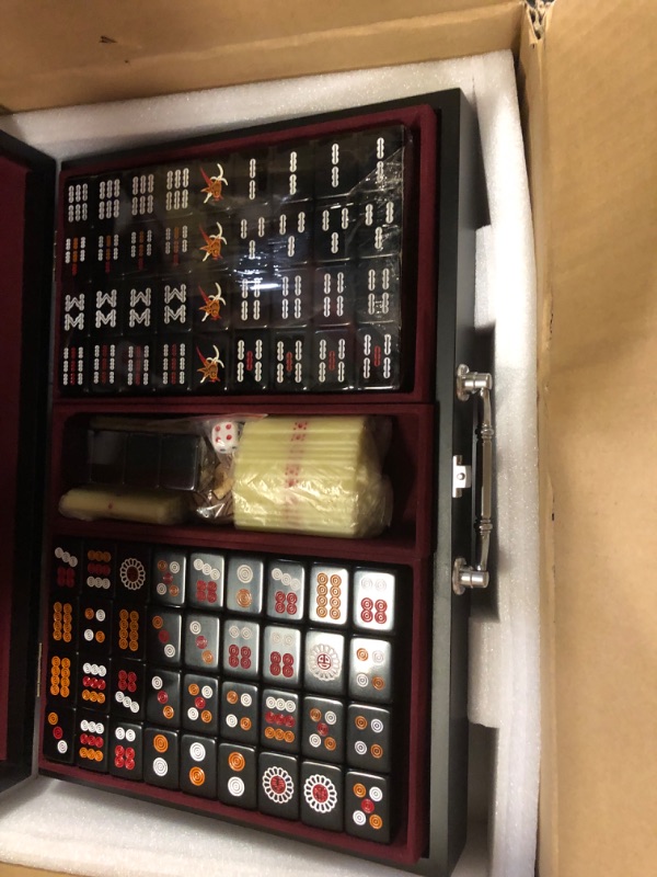 Photo 2 of Chinese Mahjong w/Black Tiles and Wood Case - "Jet Set" - Small