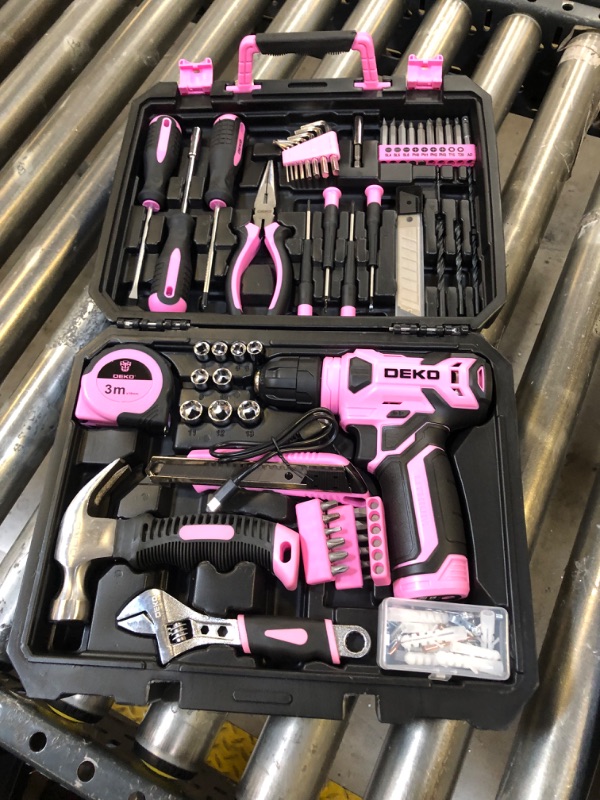 Photo 2 of DEKOPRO Drill Set: Tool Set with 8V Pink Cordless Drill, Home Tool Kit with Drill, DIY Hand Tool Kits for Women Garden Office House Repair 126 Piece