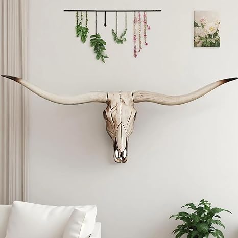 Photo 1 of SvRite 30inch Long Horn Cow Skull Wall Hanging Decor,Wall Hanging Faux Longhorn Skull Faux Taxidermy Animal Head, Decor Handmade Farmhouse Decor Wall Sculpture Faux Taxidermy Bull Horns for Wall (B)
