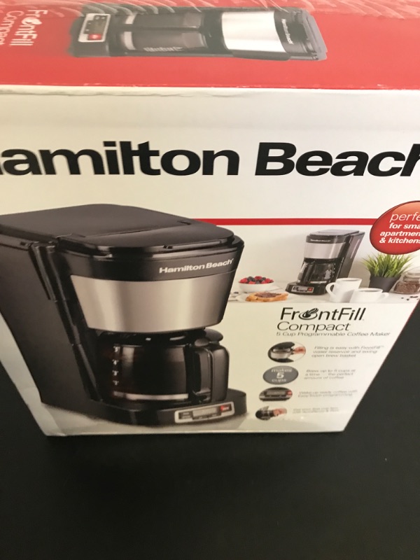 Photo 1 of Hamilton Beach 5 Cup Drip Coffee Maker with Easy FrontFill Basket, Compact Design, Programmable Clock, Glass Carafe, Auto Pause and Pour, Black & Stainless Steel (46111)