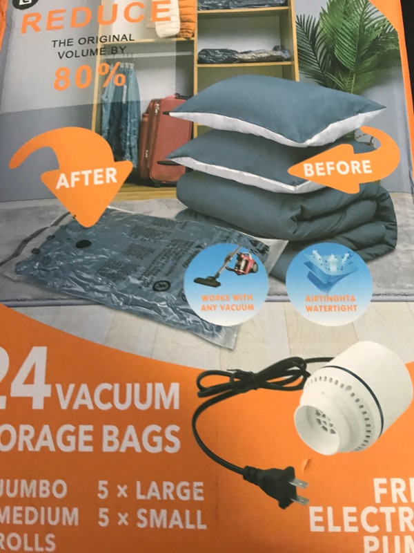 Photo 2 of 24 Pack Vacuum Storage Bags with Electric Pump, (5 Jumbo, 5 Large, 5 Medium, 5 Small, 4 Roll Up Bags) Space Saver Bag for Clothes, Mattress, Blanket, Duvets, Pillows, Comforters,Travel