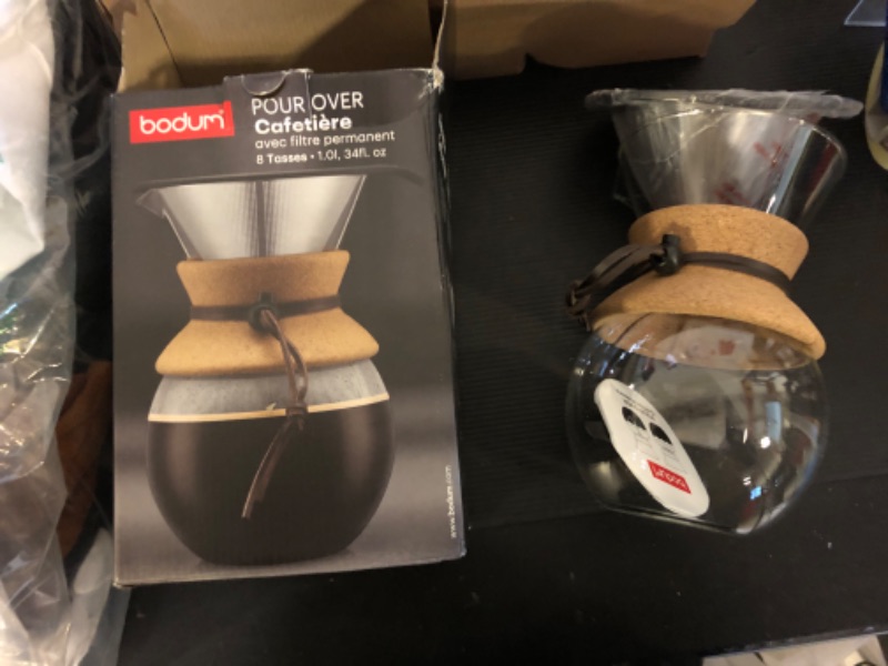 Photo 2 of Bodum 34 Oz Pour Over Coffee Maker, High-Heat Borosilicate Glass with Reusable Stainless Steel Filter and Cork Grip - Made in Portugal