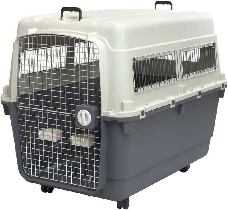 Photo 1 of SportPet Designs Plastic Kennels Rolling Plastic Airline Approved Wire Door Travel Dog Crate, XXX-Large, Gray
