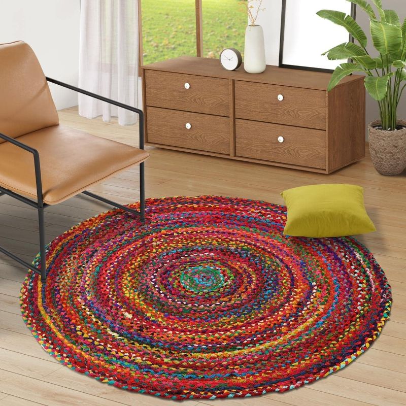 Photo 1 of GRUHUM Round Cotton Area Rug 6ft-Natural Fiber Multicolour Handmade Boho Farmhouse Soft Braided Rustic Vintage EcoFriendly Rugs for Indoor EcoFriendly Kitchen Bedroom Living Hallways Enterways(6'feet)
