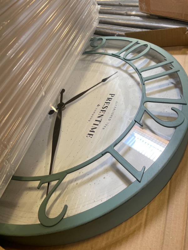 Photo 2 of Presentime & Co 21" Farmhouse Series Wall Clock,Vintage Style, Retro Clock, Raised 3D Arabic Numeral, Aged Teal Finish. Wall Décor for Living Room and entryway.