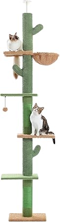 Photo 1 of PAWZ Road Cat Tree, Cactus Floor to Ceiling Cat Tower with Adjustable Height(95-108 Inches), 5 Level Cat Climbing Tower with Cozy Hammock, Platforms and Dangling Balls for Indoor Cats
