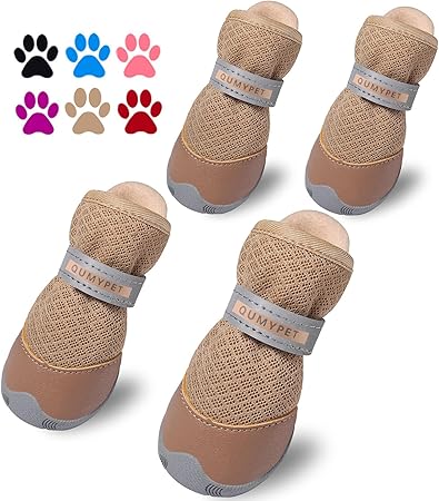 Photo 1 of QUMY 4PCS Dog Shoes for Small Dogs, Hot Pavement Summer Puppy Dog Boots & Paw Protectors with Soft Skid-Resistant Rubber Sole, Mesh Breathable Dog Booties for Hardfloors, Walking Running Khaki Size 2
