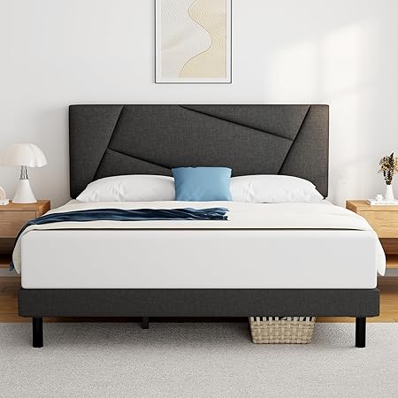 Photo 1 of Queen Bed Frame Upholstered Platform with Headboard, Linen Fabric Wrap, Strong Frame and Wooden Slats Support, Easy Assembly No Box Spring Needed,Non-Slip and Noiseless, E Dark Grey
