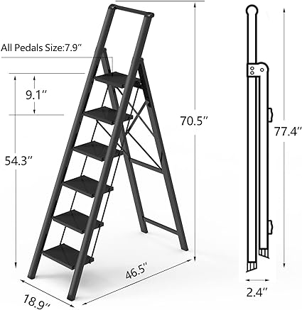 Photo 1 of GameGem 6 Step Ladder for 12 Feet High Ceiling, Lightweight Aluminum Folding Step Stool with Convenient Handgrip, Stepladders with Anti-Slip and Wide Pedal for Home Use Space Saving - Black
