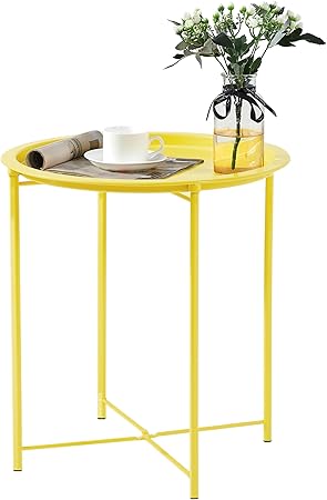 Photo 1 of VECELO Side/End Table, Folding Round Metal Anti-Rust and Waterproof Outdoor or Indoor Tray for Living Room Bedroom Balcony and Office, 1 PCS,Yellow
