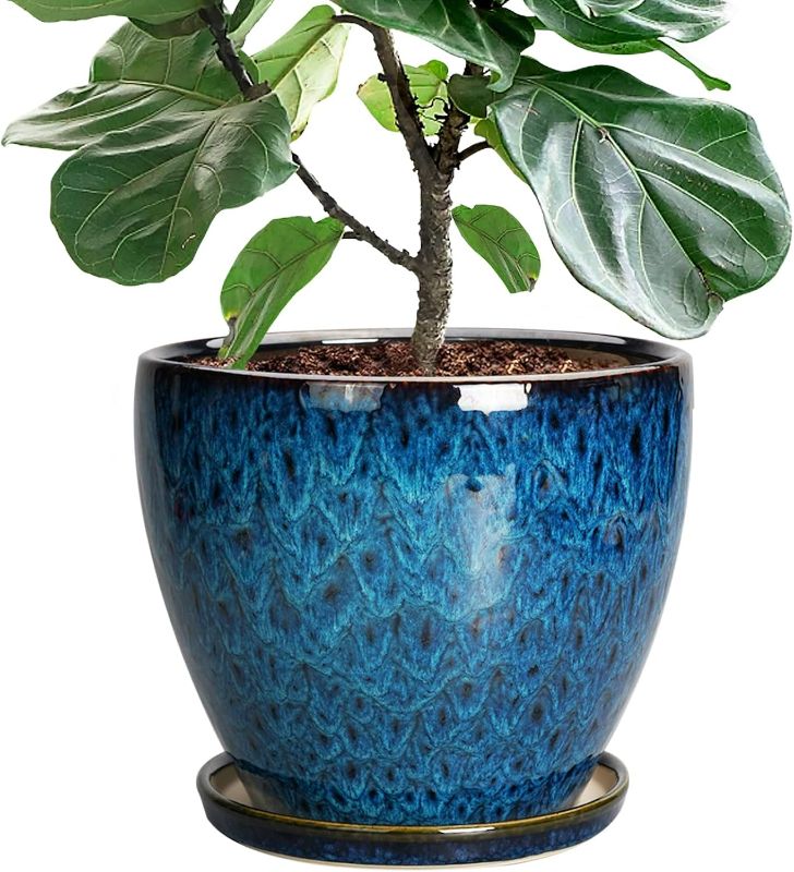 Photo 1 of **Minor Crack**10 Inch Ceramic Planter Pot Round Plant Pot for Indoor Plants Outdoor Large Flower Pot with Drainage Hole and Saucer Blue