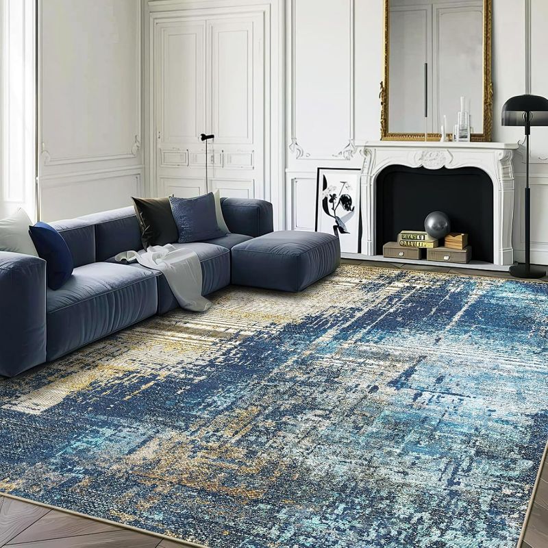 Photo 1 of Machine Washable Rug 9'x12' Abstract Washable Area Rugs for Living Room Non Slip Rugs for Bedroom Modern Woven Rug Boho Rug Soft Carpet Kitchen Dining Rugs Home Decor Office Rug (Blue-Gold)