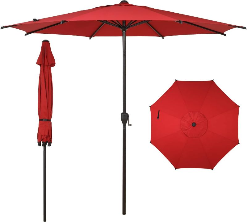 Photo 1 of Abba Patio 9FT Lyon Outdoor Patio Umbrella Outdoor Table Umbrella with Push Button Tilt and Crank Market Umbrella 8 Sturdy Ribs UV Protection Waterproof for Garden Deck Backyard Pool Dark Red