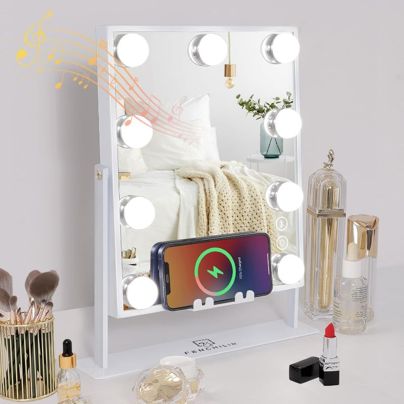 Photo 1 of FENCHILIN White Hollywood Vanity Mirror with Lights 9 Dimmable Bulbs Wireless Charger Speaker Makeup Mirror with Smart Touch Control for Glam Room Bedroom Detachable 10X Magnification Rotation White