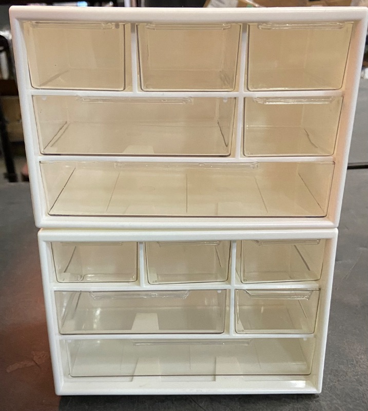 Photo 1 of Feadily 2PCS Small Drawer Organizer for Desk, Desktop Drawer Organizer with 9 Clear Drawers, Plastic Desktop Storage Drawers 7.1 Inch x 3 .9 Inch x 4.7 Inch, White