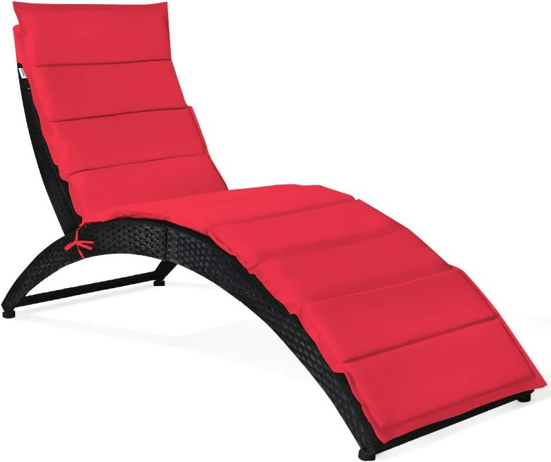 Photo 1 of COSTWAY Folding Patio Rattan Lounge Chair Chaise Cushioned Portable Garden Lawn Red