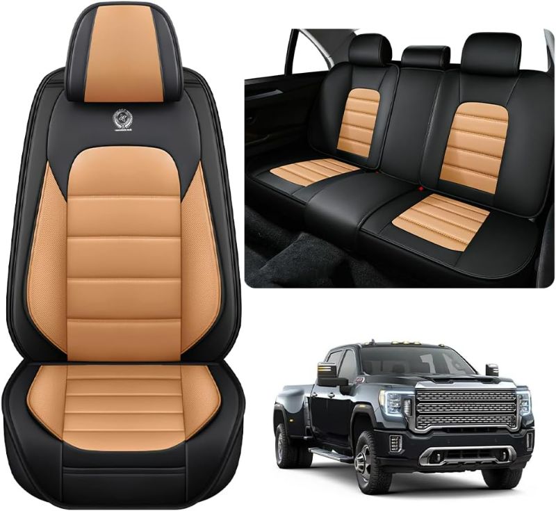 Photo 1 of Leather Seat Covers for Chevy Silverado GMC Sierra 1500 2500/HD 3500/HD 2007-2024, Compatible Airbag Truck Seat Protectors, Waterproof Leather Automotive Seat Covers (5 Full Seat, Black&Orange)