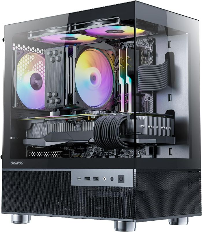 Photo 1 of Aqua 3, Micro ATX Case, MATX PC Case with 3 X 120mm 3-Pin ARGB Fan Pre-Installed, Panoramic View Tempered Glass Front & Side Panel, with Type C Port, Black