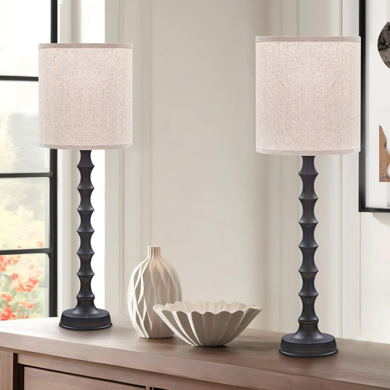 Photo 1 of 30.5" Rustic Buffet Table Lamps for Living Room Set of 2, Farmhouse Table Lamps for Buffet Set of 2, Oil Rubbed Bronze Candlestick Lamps with Linen Oatmeal Lampshade, Vintage Tall Skinny Lamps