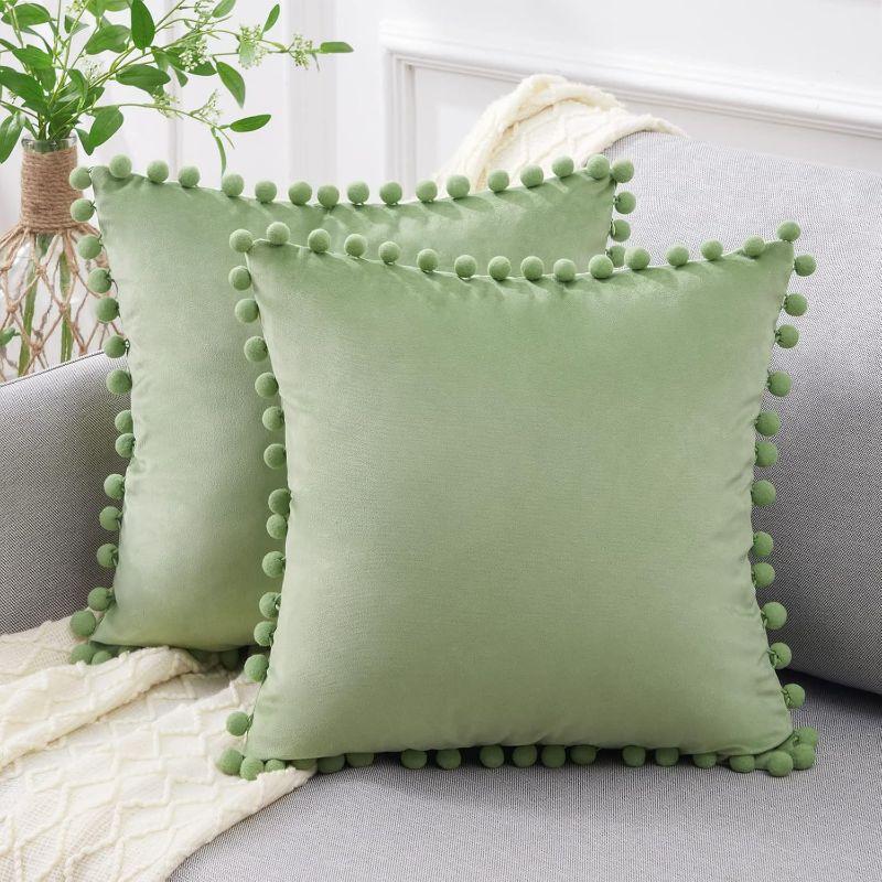 Photo 1 of Top Finel Decorative Pillow Covers 20x20 Set of 2, Sage Green Couch Bed Pillow Covers with Pom Poms, Square Throw Pillows Soft Velvet Pillow Cases for Bedroom Livingroom Spring Easter Home Decor