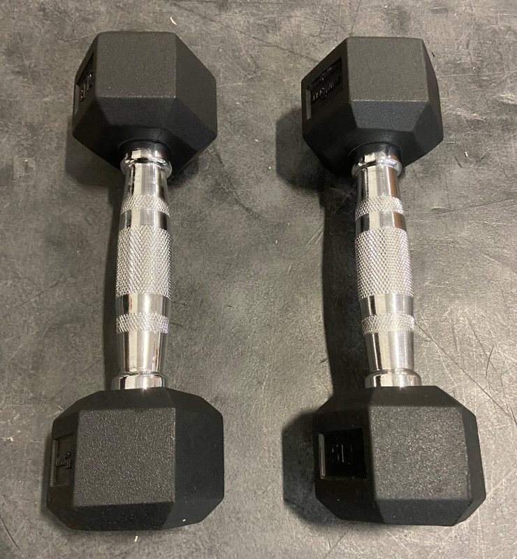 Photo 2 of Living.Fit - Pair of Rubber Encased Exercise & Fitness Hex Dumbbell Hand Weights. 5-100 LB Dumbbell Sets for Strength Workouts.