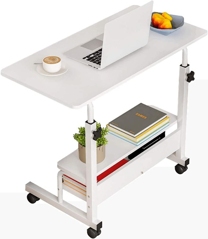 Photo 1 of Adjustable Height Mobile Computer Desk for Small Space Rolling Writing with Wheels Corner Home Office Study Portable Bedrooms Work Size 31.5 Inch Storage Gaming Table, White D