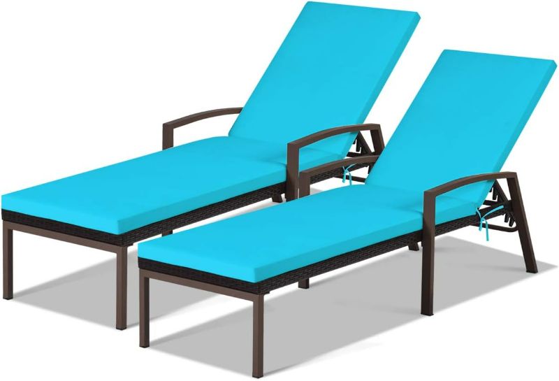 Photo 1 of COSTWAY 2PCS Rattan Lounge Chair Outdoor, Patio Wicker Chaise Lounge with 5-Position Adjustable Backrest, Soft Cushion & Arm Rest, Pool Recliner Set of 2 for Poolside, Deck, Backyard (Turquoise)