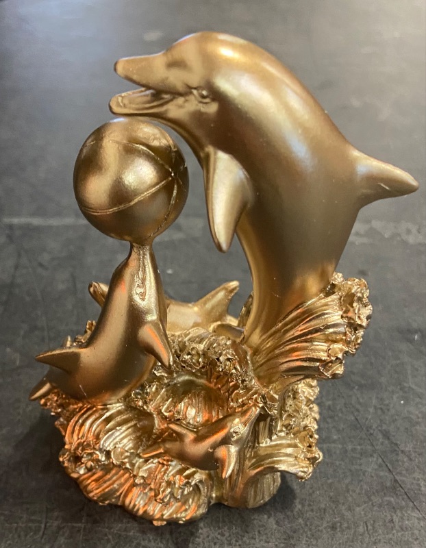 Photo 3 of Gold Dolphin Statue Sculpture, Double Resin Dolphin Figurines Sea Animal Art Sculpture for Home Office Living Room Desktop Display Decoration