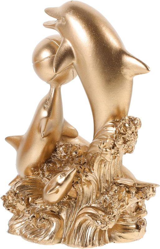 Photo 1 of Gold Dolphin Statue Sculpture, Double Resin Dolphin Figurines Sea Animal Art Sculpture for Home Office Living Room Desktop Display Decoration