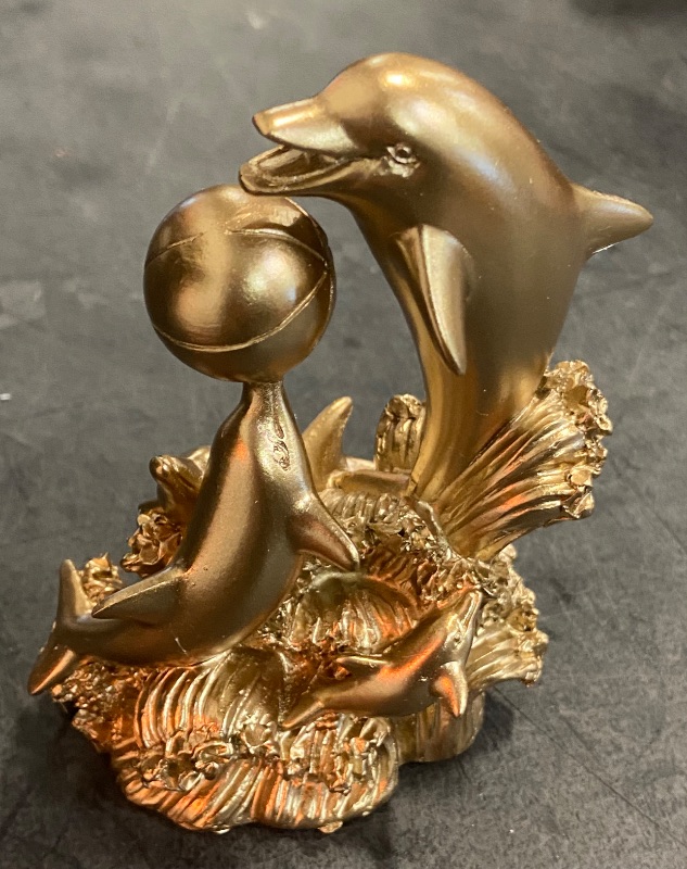 Photo 2 of Gold Dolphin Statue Sculpture, Double Resin Dolphin Figurines Sea Animal Art Sculpture for Home Office Living Room Desktop Display Decoration