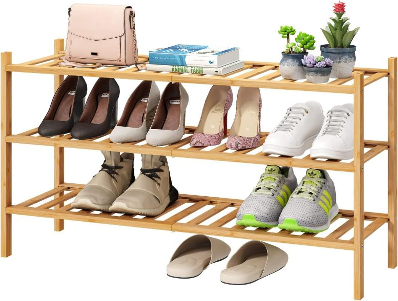 Photo 1 of 3-Tier Long Shoe Rack, Bamboo Wood Shoe Rack for Closet, Entryway & Hallway, Stackable | Beautiful | Functional | Sturdy
