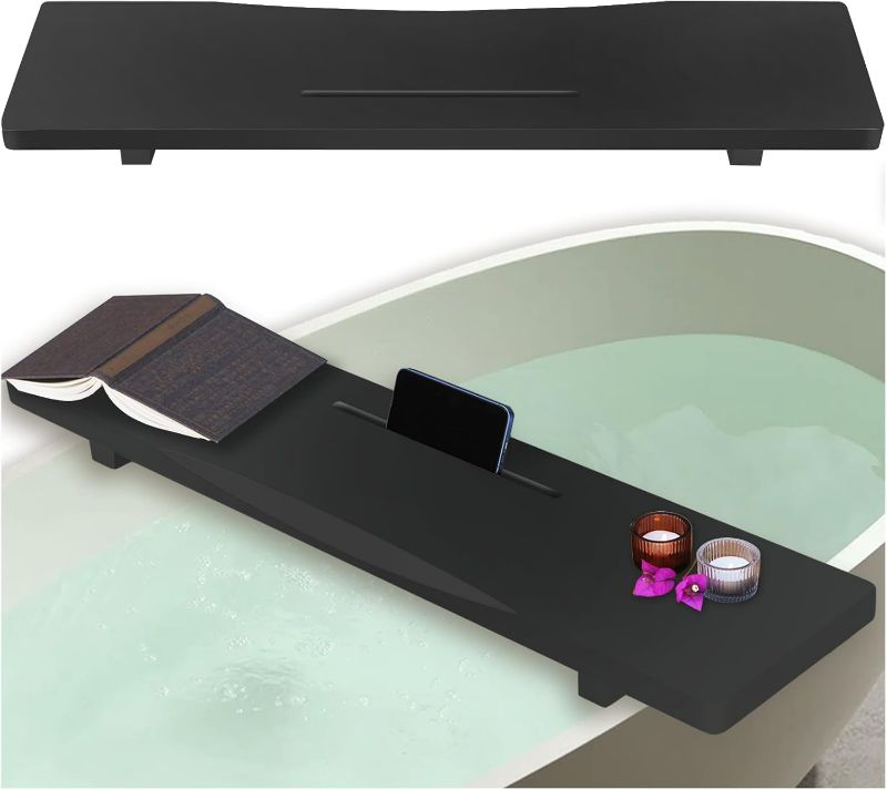 Photo 1 of Stylish Black 1.2IN Thickened Board Bamboo Bathtub Tray Caddy with Adjustable Legs, Minimalistic Design Bath Tray for Tub, Bathtub Accessories, Fit Free-Standing and Large Bath Tubs, Idea for Women