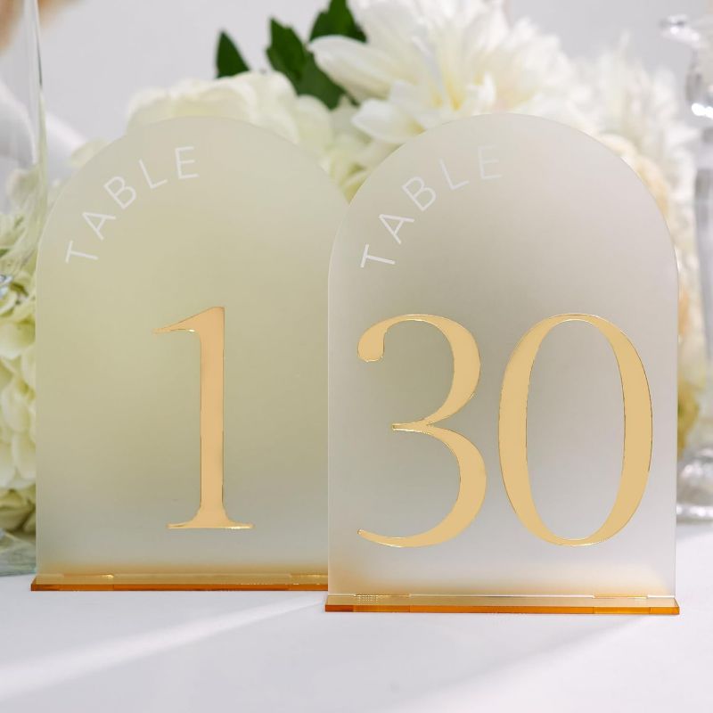 Photo 1 of Frosted Arch Gold Table Numbers for Wedding Reception - Table numbers 1-30 - 5x7" Frosted Arch Acrylic Table Signs with Gold Mirror Numbers for Banquet, Party, Event, Anniversary (Table Numbers 1-30)