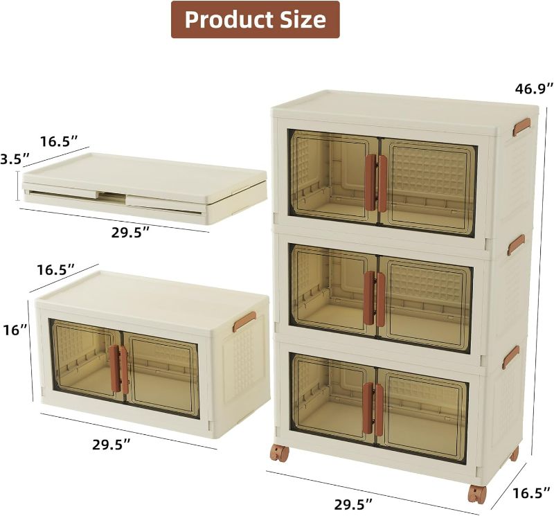 Photo 2 of 3-Tier Plastic Storage Bins with Lid, 32.9 Gal Each Tier Stackable Containers on Wheels, Magnetic Doors, Folding Boxes Collapsible Closet Organizers Shelf Living Room Kitchen Dorm Laundry