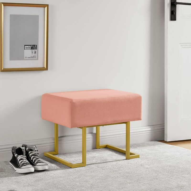 Photo 1 of Modern Style Bedroom Single Seat Bench, Cushioned Bed end Stool, Living Room Sofa Stool, Footstool with Golden Iron Legs, Suitable for Bedroom and Living Room (Pink, 21.65"x15.74"X16.53")