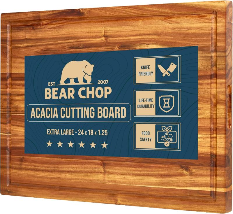 Photo 1 of Bearchop Acacia Wood Cutting Boards for Kitchen, [24" x 18" x 1.25"] Extra Large Edge Grain Cutting Boards, Solid Acacia Wood Butcher Block Cutting Board with Deep Juice Grooves and Handle