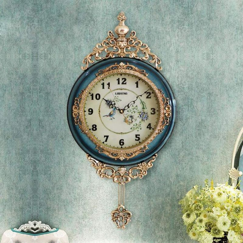 Photo 1 of SHISEDECO Elegant, Traditional, Decorative, Hand Painted Modern Grandfather Wall Clock Fancy Ethnic Luxury Handmade Decoration, Swinging Pendulum for New Room or Office. Large. 29.5 Inch. (Blue)