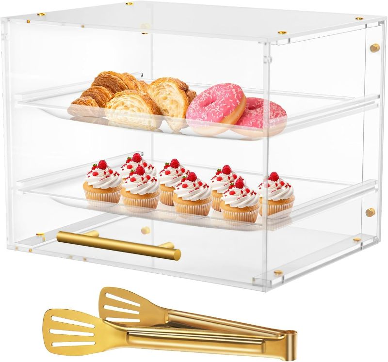 Photo 1 of Pastry Display Case, 2 Tray Commercial Countertop Bakery Display Case with Front Doors, Acrylic Bread Box for Exquisite Dessert Display, Cookie Display & Food Display