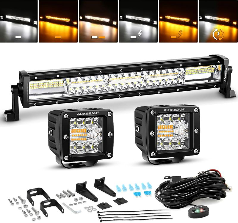 Photo 1 of Auxbeam 22 Inch 120W LED Light Bar 2PCS 3 Inch 96W LED Pods, Amber White Fog Light 6 Modes Strobe Lights for Work Truck, Spot Flood Combo Off Road Driving Lights for Jeep ATV Utv Auto