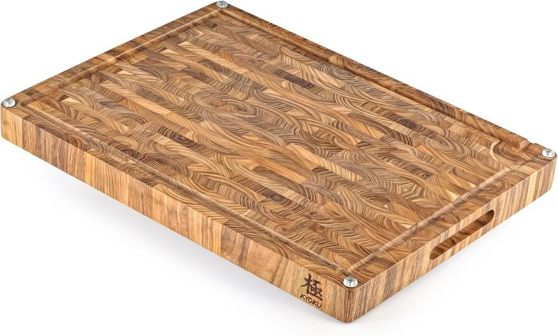 Photo 1 of KYOKU End Grain Wood Cutting Board, 24x18 in. Cutting Board for Kitchen with 3 Ingredient Holders & Wax Oil Included, Reversible Teak Wood Cutting Board Butcher Block for Chopping Cutting Carving