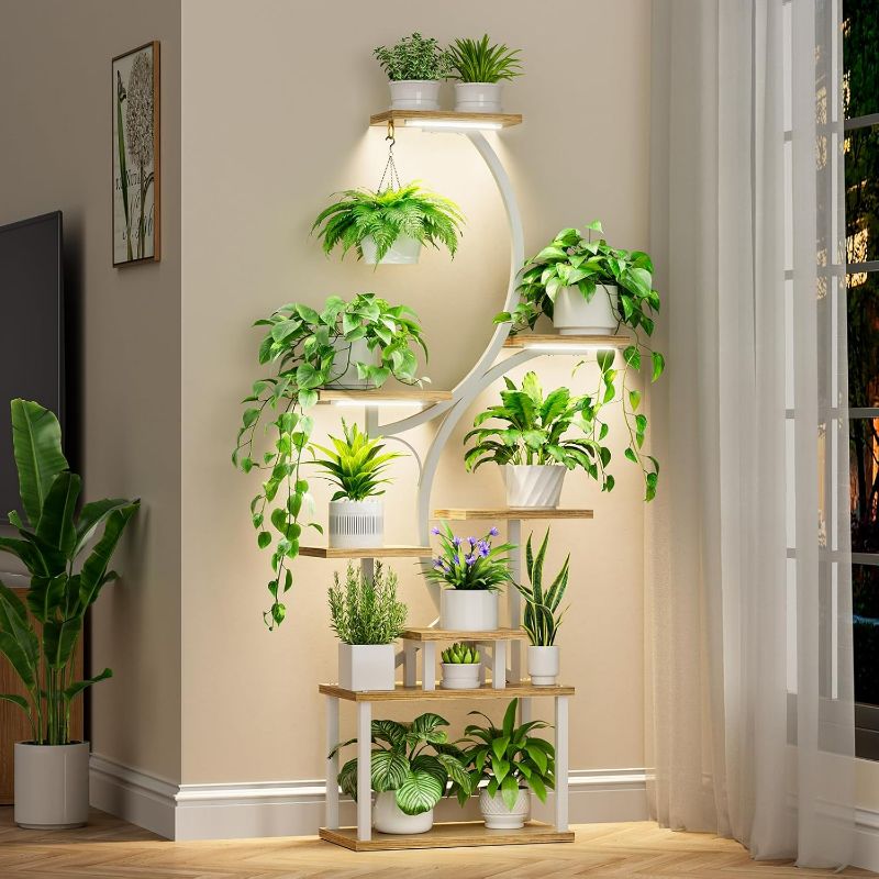 Photo 1 of **Missing Screws**Plant Stand Indoor with Grow Lights, 8 Tiered Indoor Plant Shelf, 62" Tall Plant Stand for Indoor Plants Multiple, Metal Plant Flower Holder Stand, S-Shaped Plant Rack for Home, Patio (White)