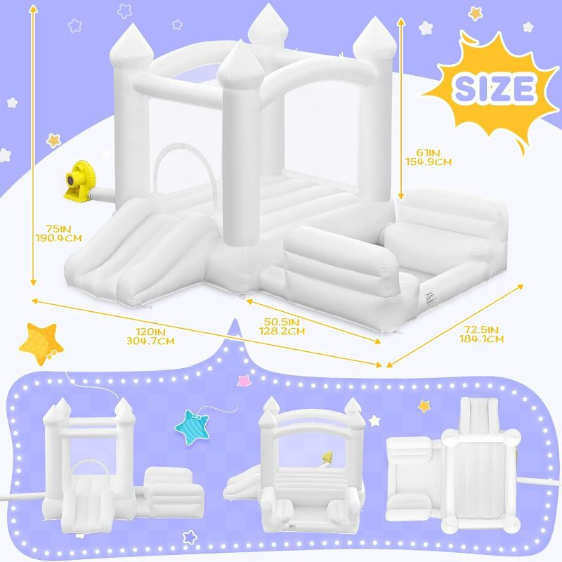 Photo 1 of White Bounce House for Kids 3-10, Large Inflatable Bouncy House with Air Blower Slide Ball Pit Jumping 100 Balloons, Bouncy Castle for Party Birthday Wedding Event Indoor Outdoor (10x6x6FT)