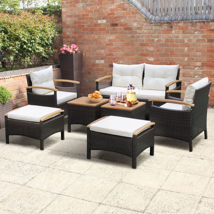 Photo 1 of **Sold as Is****Non Refundable** 1 of 7 Pieces Rattan Patio Sofa Set with Acacia Wood Tabletop and Armrests ONLY 1 OF 7 PIECES