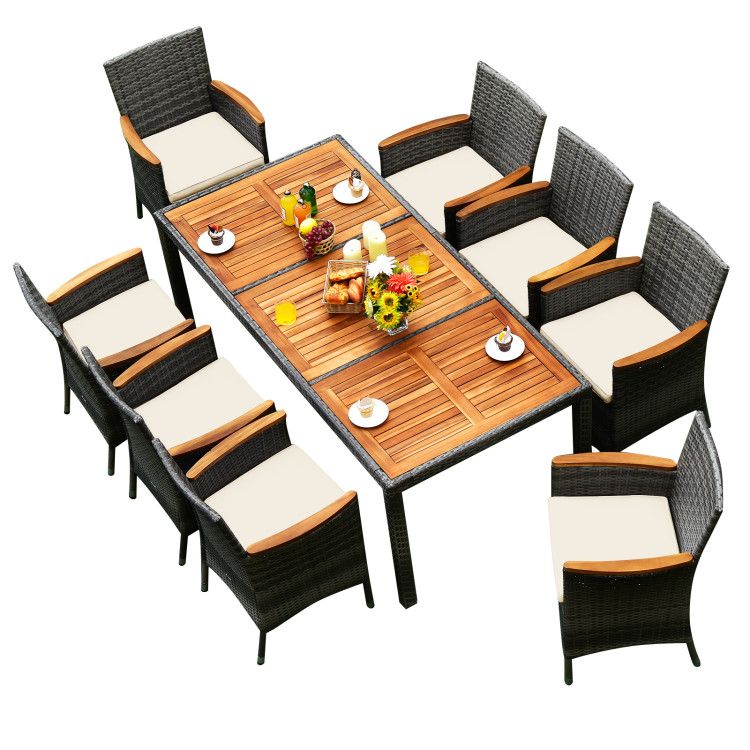 Photo 1 of **Partial Sale**Non Refundable** 3 Pieces Out of a 9 Pieces Rattan Patio Dining Set with Acacia Wood Table and Cushioned Chair (2 Chairs/Table/Cushions)