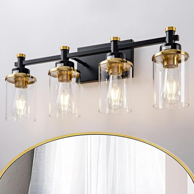 Photo 1 of 4 Light Bathroom Vanity Light, Modern Black and Gold Vanity Lights for Bathroom Over Mirror, Vintage Sconce Wall Lighting with Clear Glass Shade, Brushed Gold Vanity Lights for Bathroom