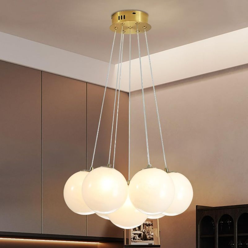 Photo 1 of Depuley Bubble Chandelier, 7-Light Globe Chandelier Light Fixture, Modern Pendant Light Fixture with Milky White Glass Big Balls for Bedroom Dining Room Living Room(17", G9 Bulbs Included, UL Listed)